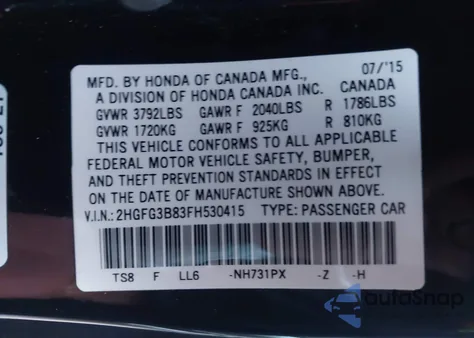 2015 Honda Civic Ex from USA, damaged, VIN 2HGFG3B83FH530415
